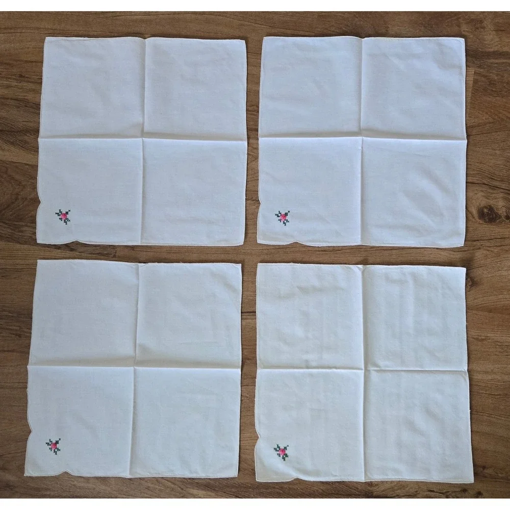 Vintage Embroidered Linen Napkins Set of 11 15x15 Floral Cross Stitched Handmade